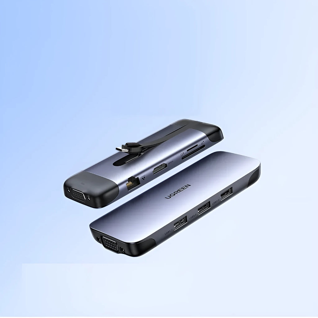 USB C dock expansion adapter showing HDMI, VGA, gigabit network, card reader, PD and USB 3.0 ports
