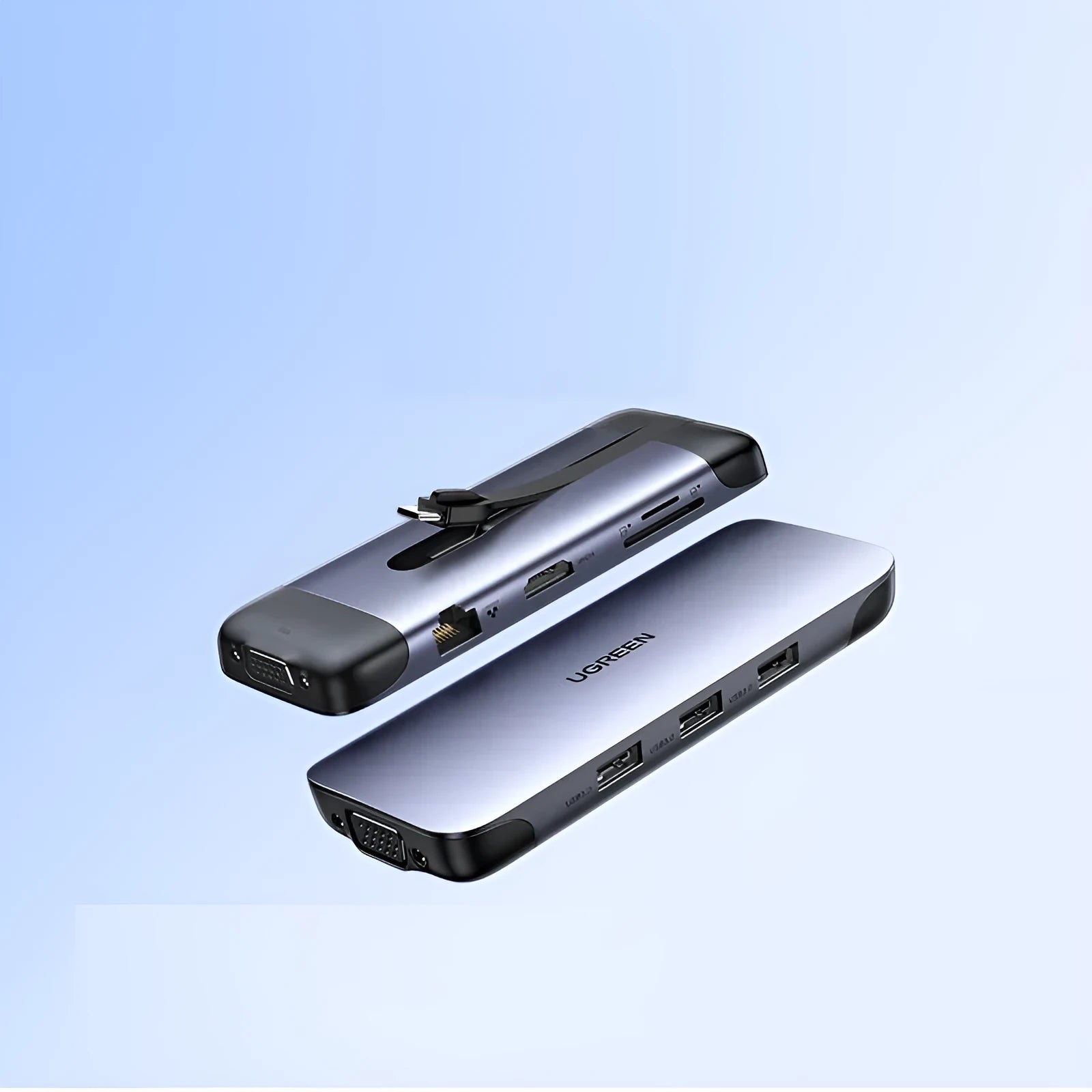USB C dock expansion adapter showing HDMI, VGA, gigabit network, card reader, PD and USB 3.0 ports