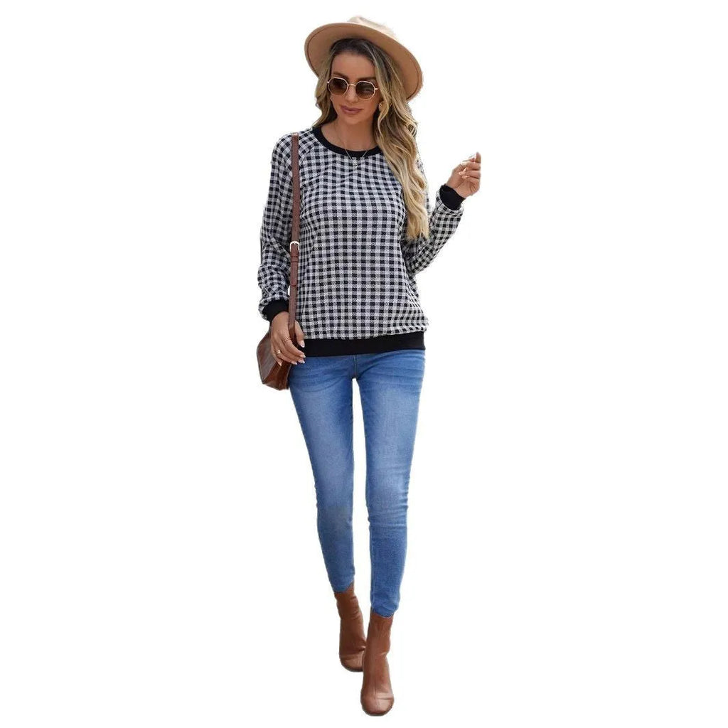 Black polyester Japanese plaid pullover sweater with stripes print and long regular sleeves