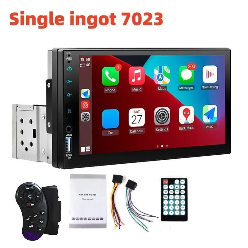 7-inch vehicle MP5 player with LED screen showing Carplay interface, wired and wireless smartphone connection option
