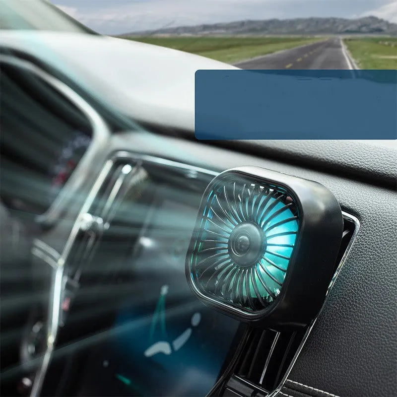 Black USB car fan with three speed buttons and compact design for vehicle use