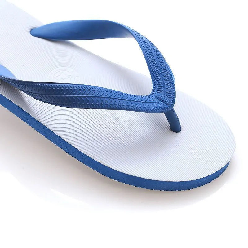Rubber flip-flops with fish label design in green, red, blue, or black colours on a simple background.