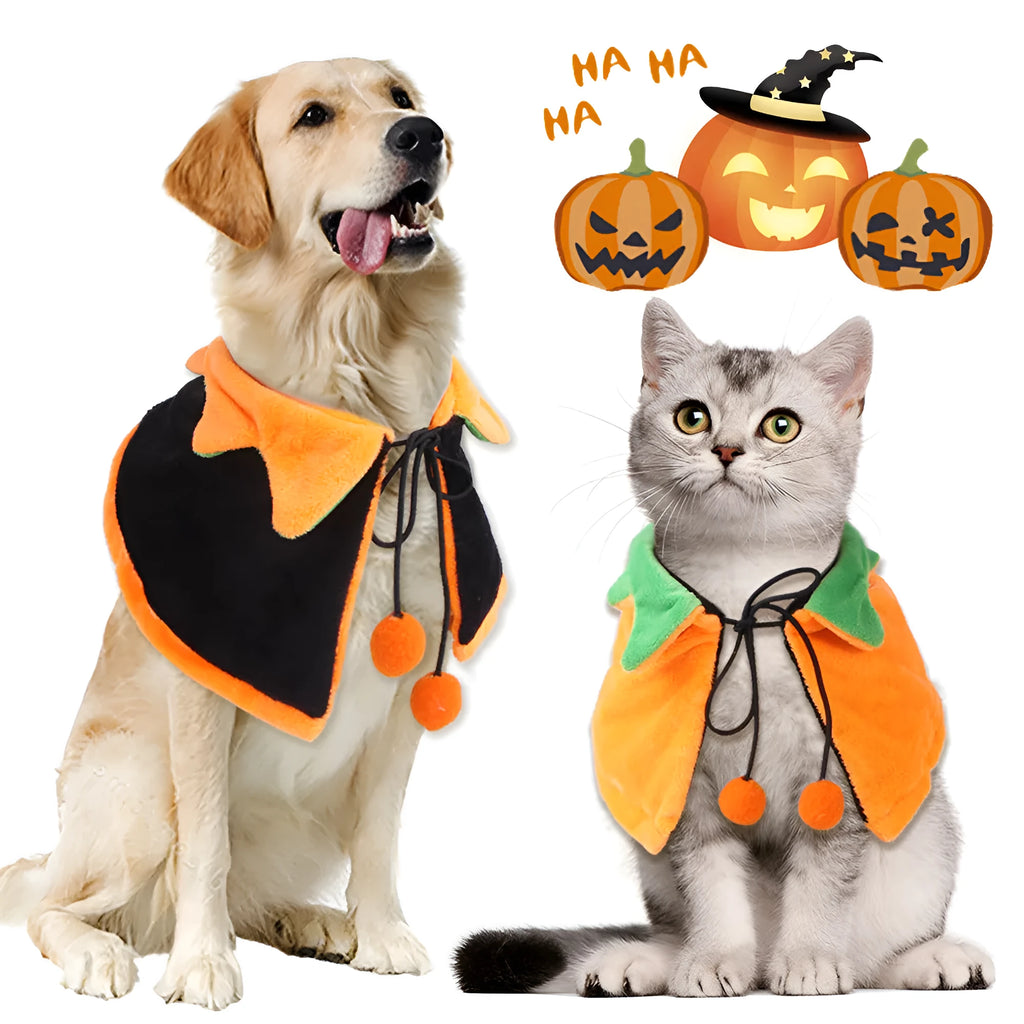Double-sided plush Halloween cloak for dog or cat in pumpkin theme