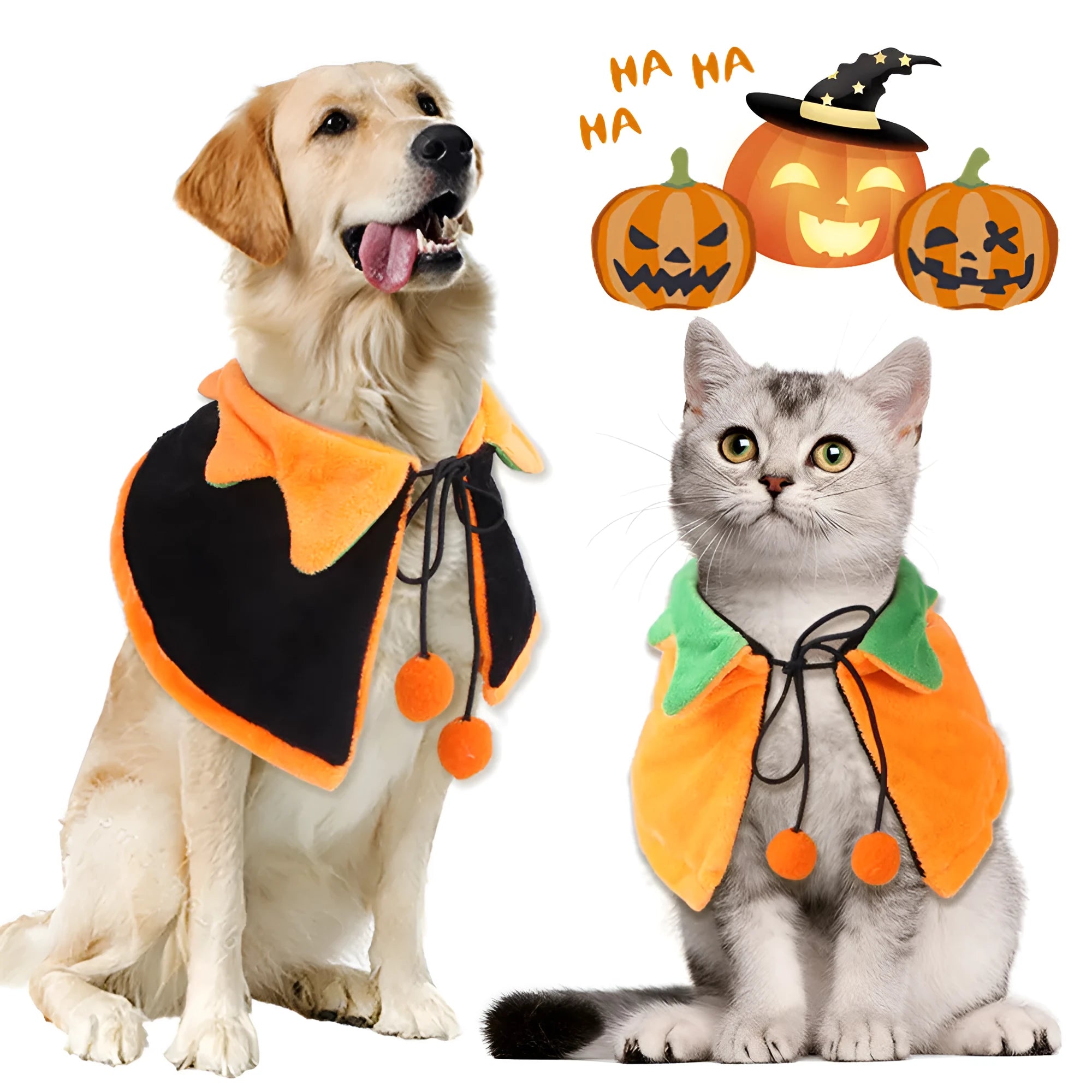Double-sided plush Halloween cloak for dog or cat in pumpkin theme