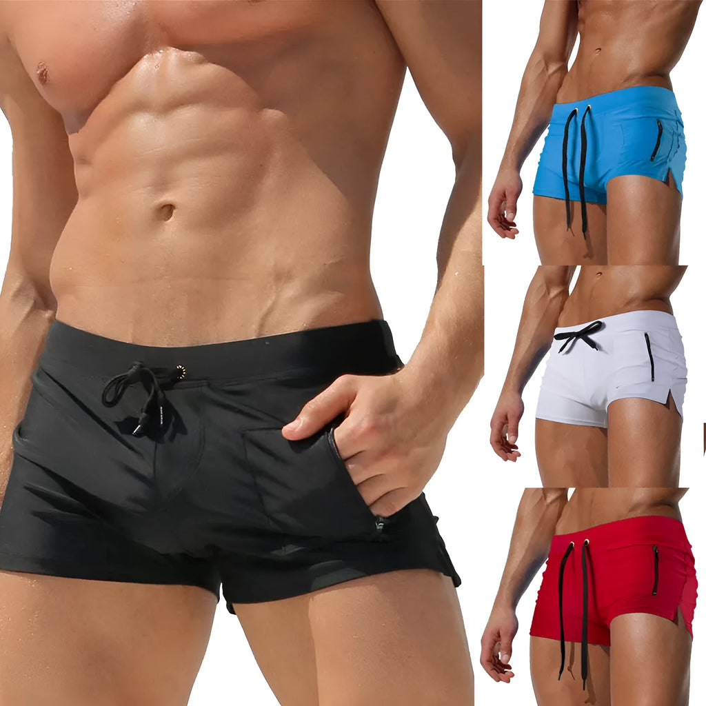 Men's black high-waist swimming trunks with a lace-up front, made from polyester and spandex.