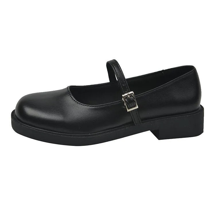 Women's solid colour vintage French style PU leather flat shoes with round toe