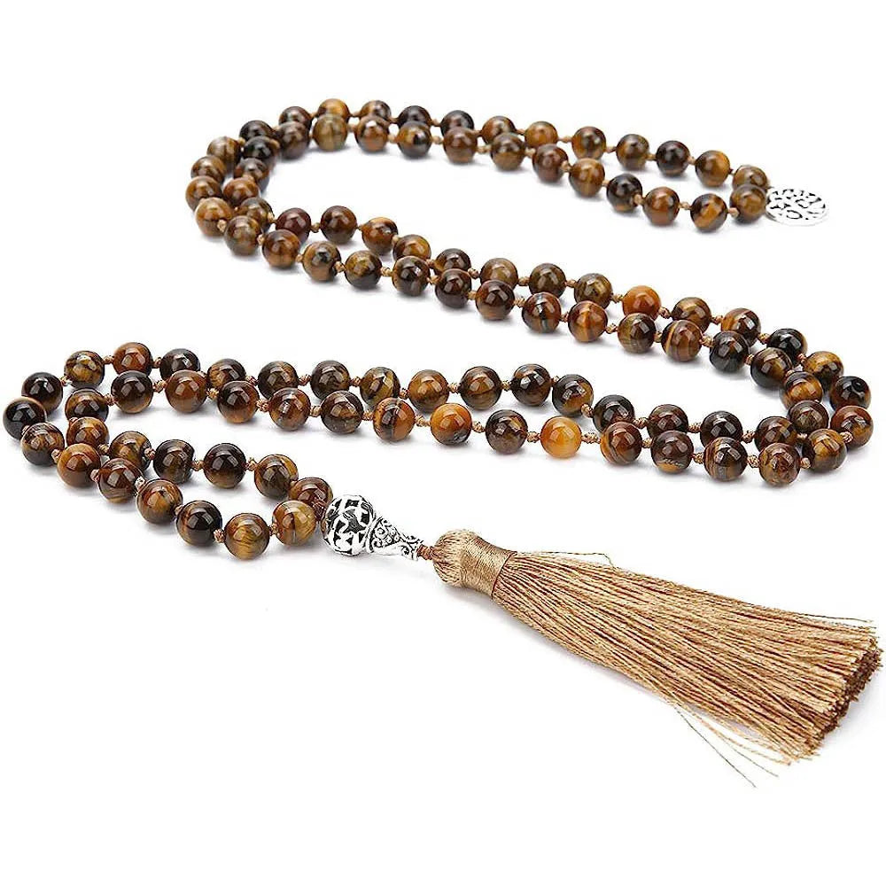 Handmade knotted natural stone bead necklace with 8mm beads in one of 12 colour options.