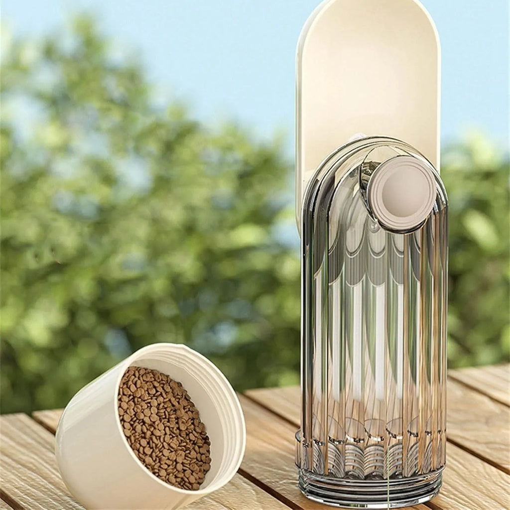 Beige foldable dog water bottle with food container for walking and outdoor travel