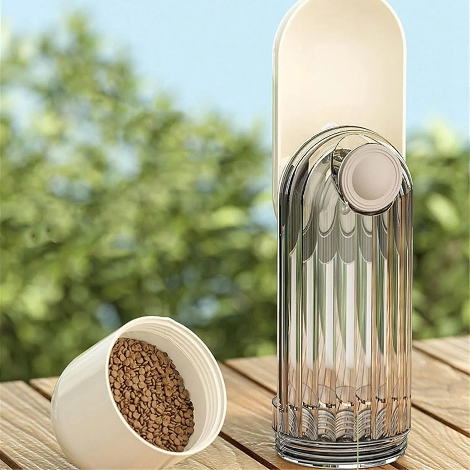 Beige foldable dog water bottle with food container for walking and outdoor travel