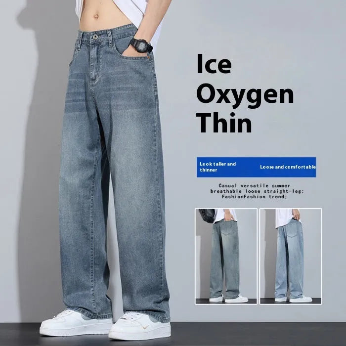 Straight-leg casual trousers in ice silk denim with wide leg fit and zip fly closure