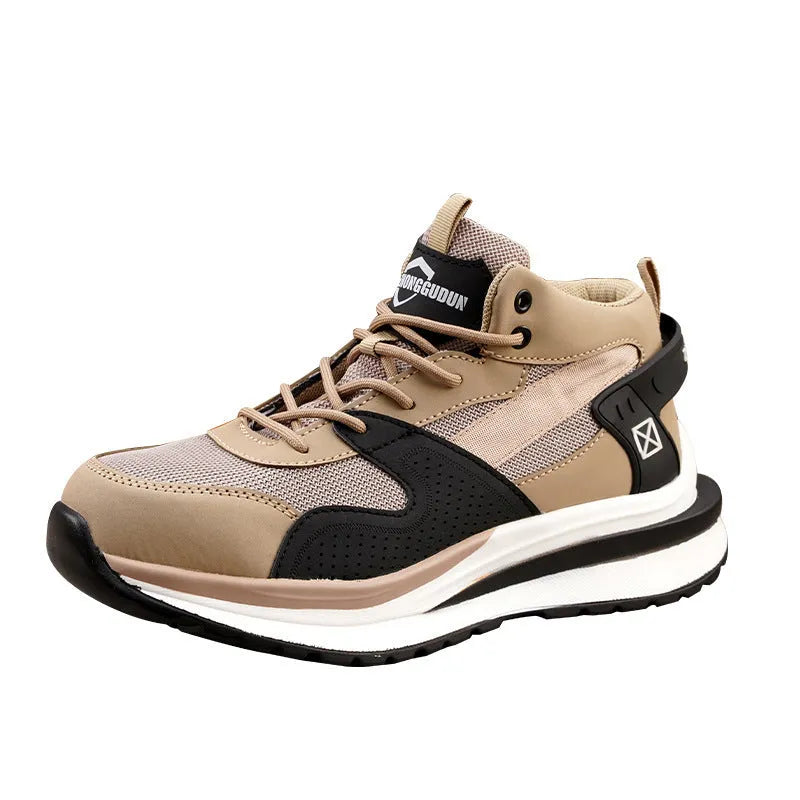 Men's black steel toe cap safety work shoes with a flat knitted upper and lace-up front