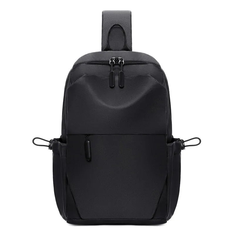 Men's grey lightweight messenger chest bag showing front view and open large main compartment