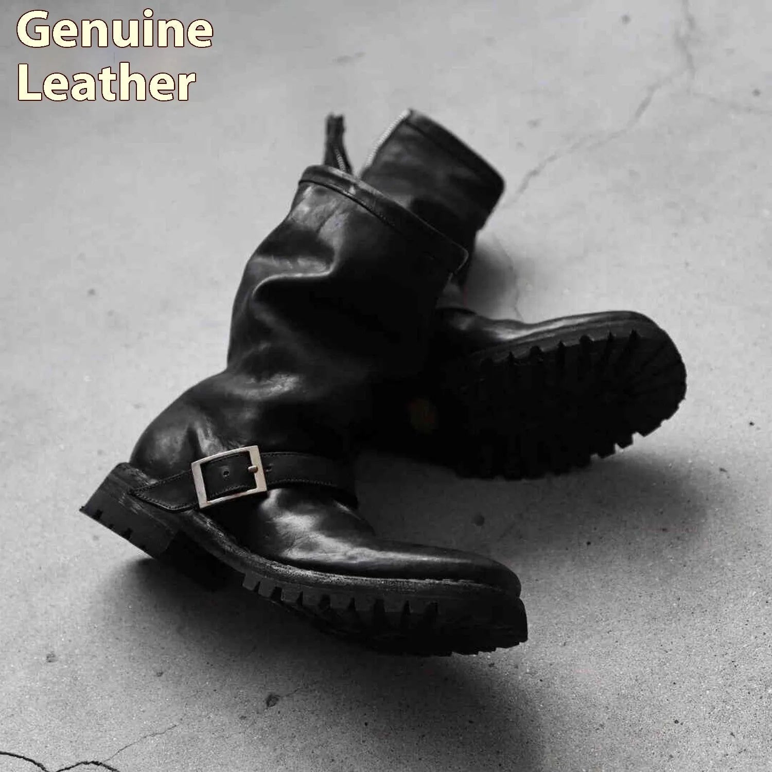Men's dark retro Martin boots with zipper closure in black and leather black colours