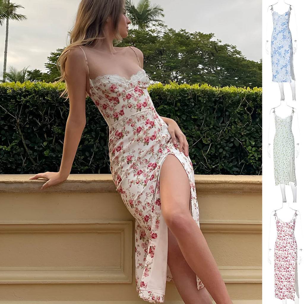 Women's long blue dress with lace flowers print, side slit, and thin spaghetti straps