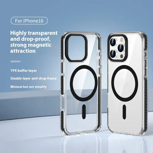 Transparent magnetic phone case for iPhone 15 or 16 series with anti-fall shell in black colour