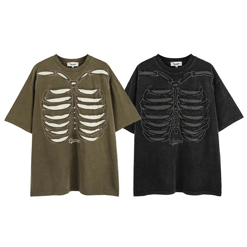 Brown skull design short sleeve t-shirt with letter pattern and drop-shoulder sleeves