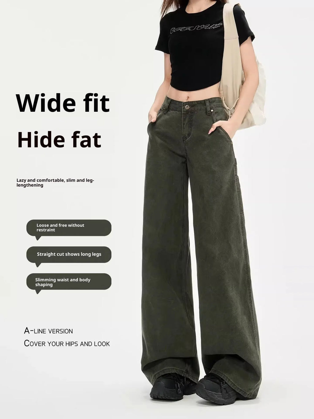 Women's army green loose straight-leg flared denim overalls with ultra-low-rise waist, casual summer style