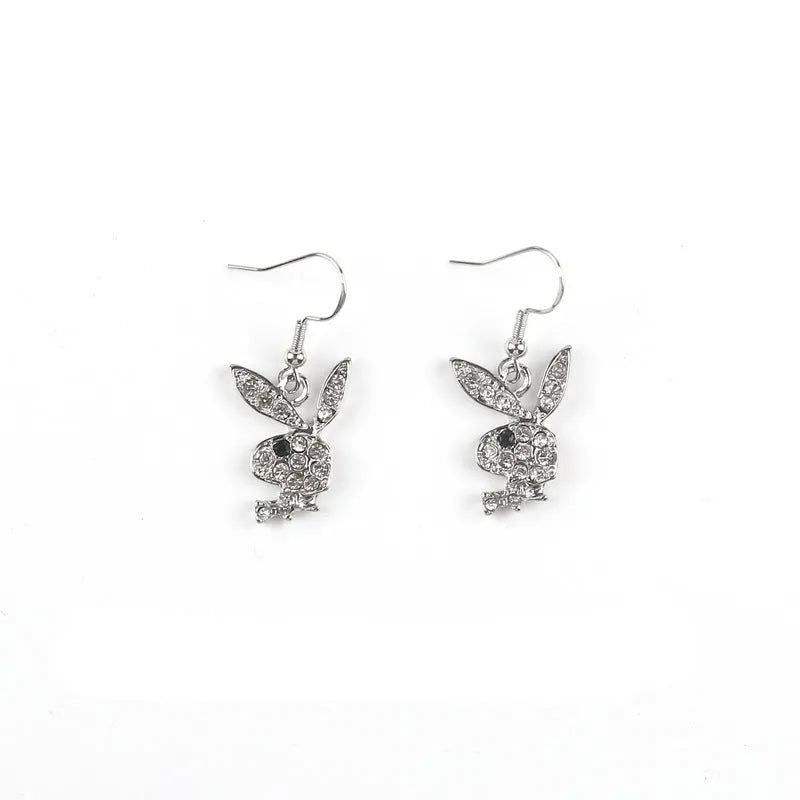 Full diamond rabbit stud earrings in silver, pink and gold colours with zodiac detailing