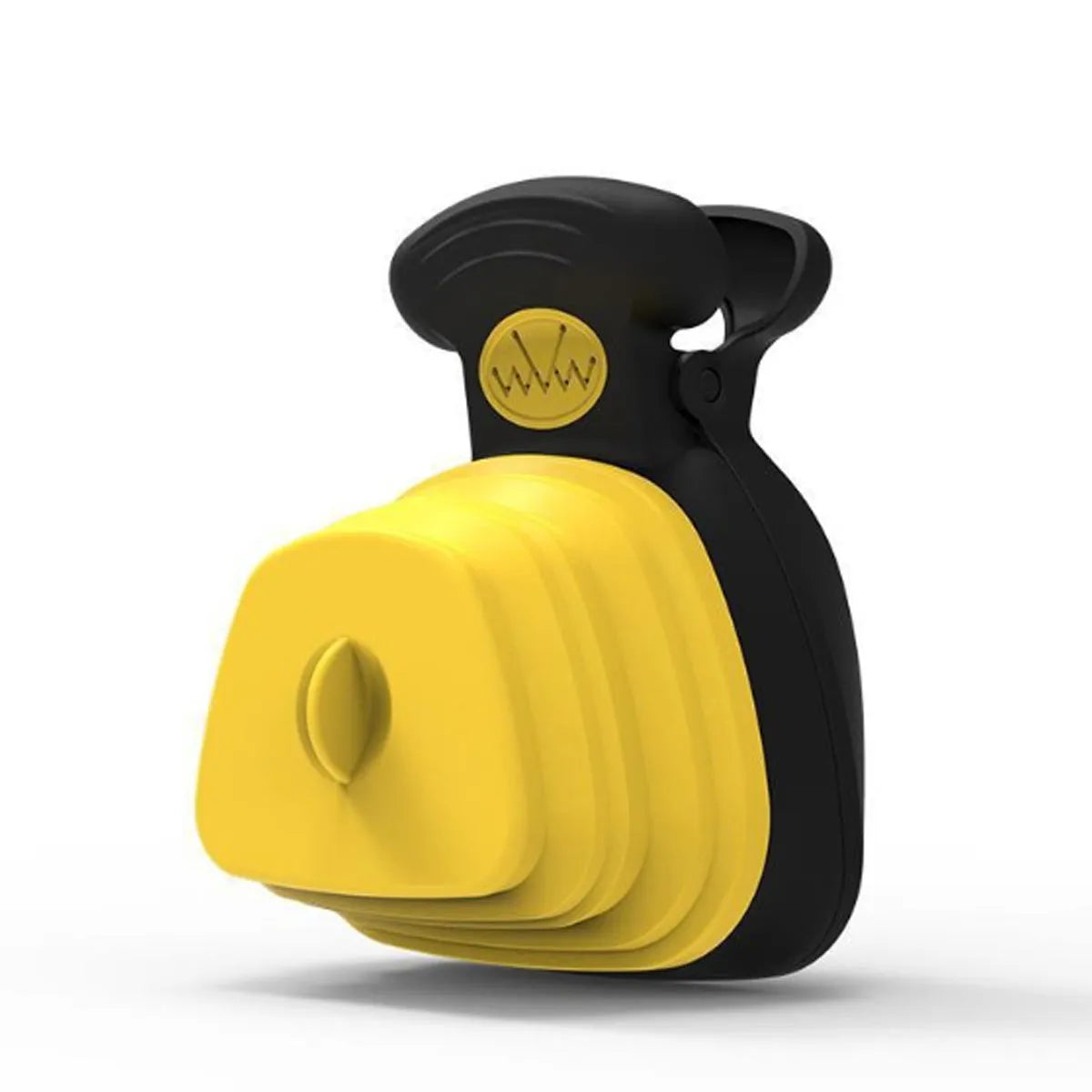 Portable handheld dog poop scooper with expandable container and bag dispenser in blue, green, grey, or yellow.