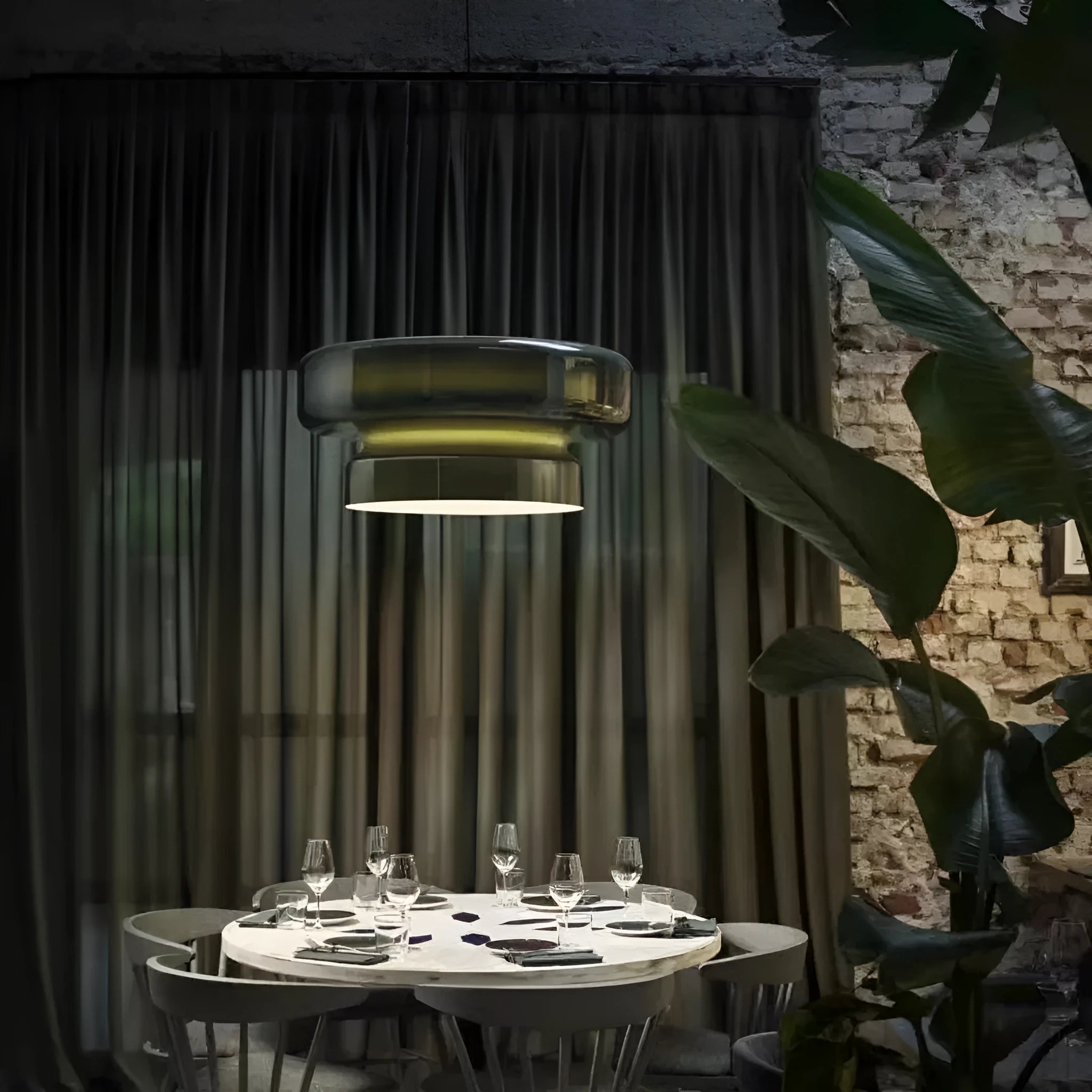 Modern glass chandelier with minimalist design in 36cm dimensions showing light colour options