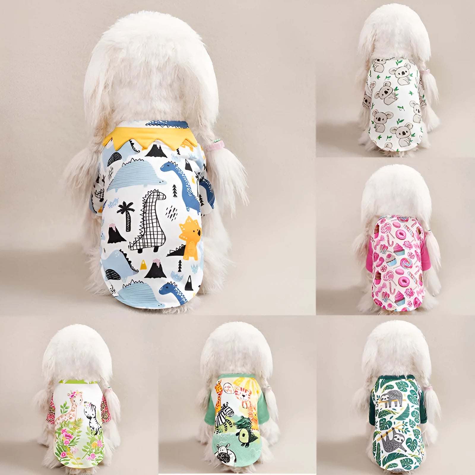 Printed polyester t-shirt for a small dog on a white background, showing colour and design.