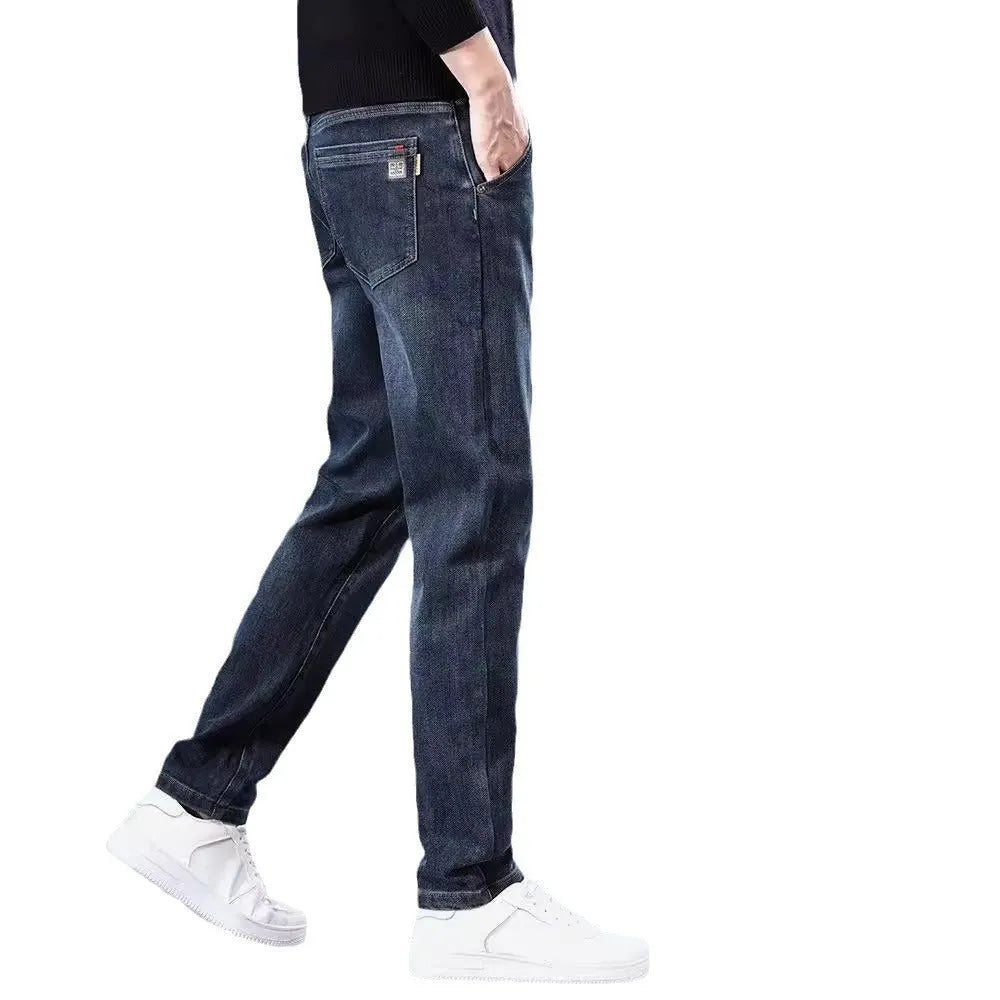 Slim straight casual trousers in black with micro elastic polyester fabric and zipper fly