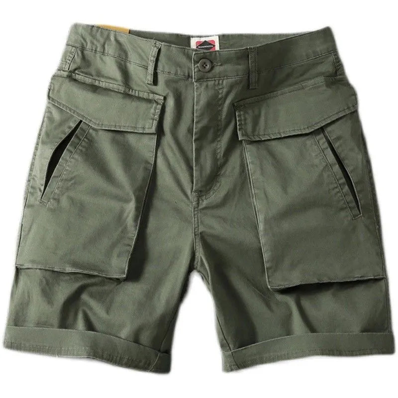 Men's straight-leg cotton cargo shorts with multiple pockets in khaki colour on a neutral background