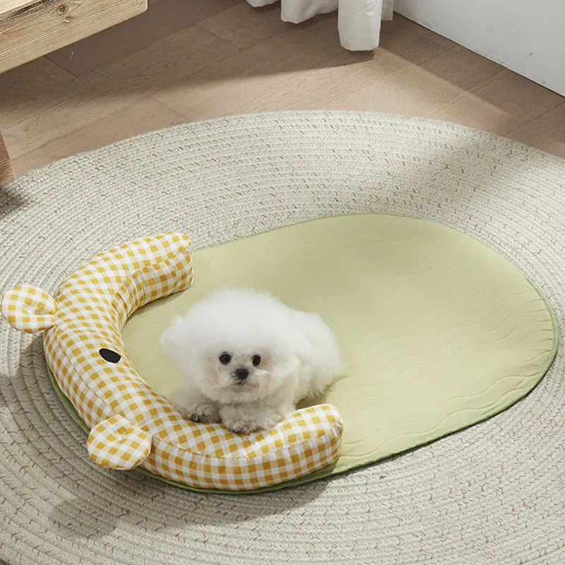 Green and yellow four seasons dog cooling mat with ice pad technology in multiple sizes