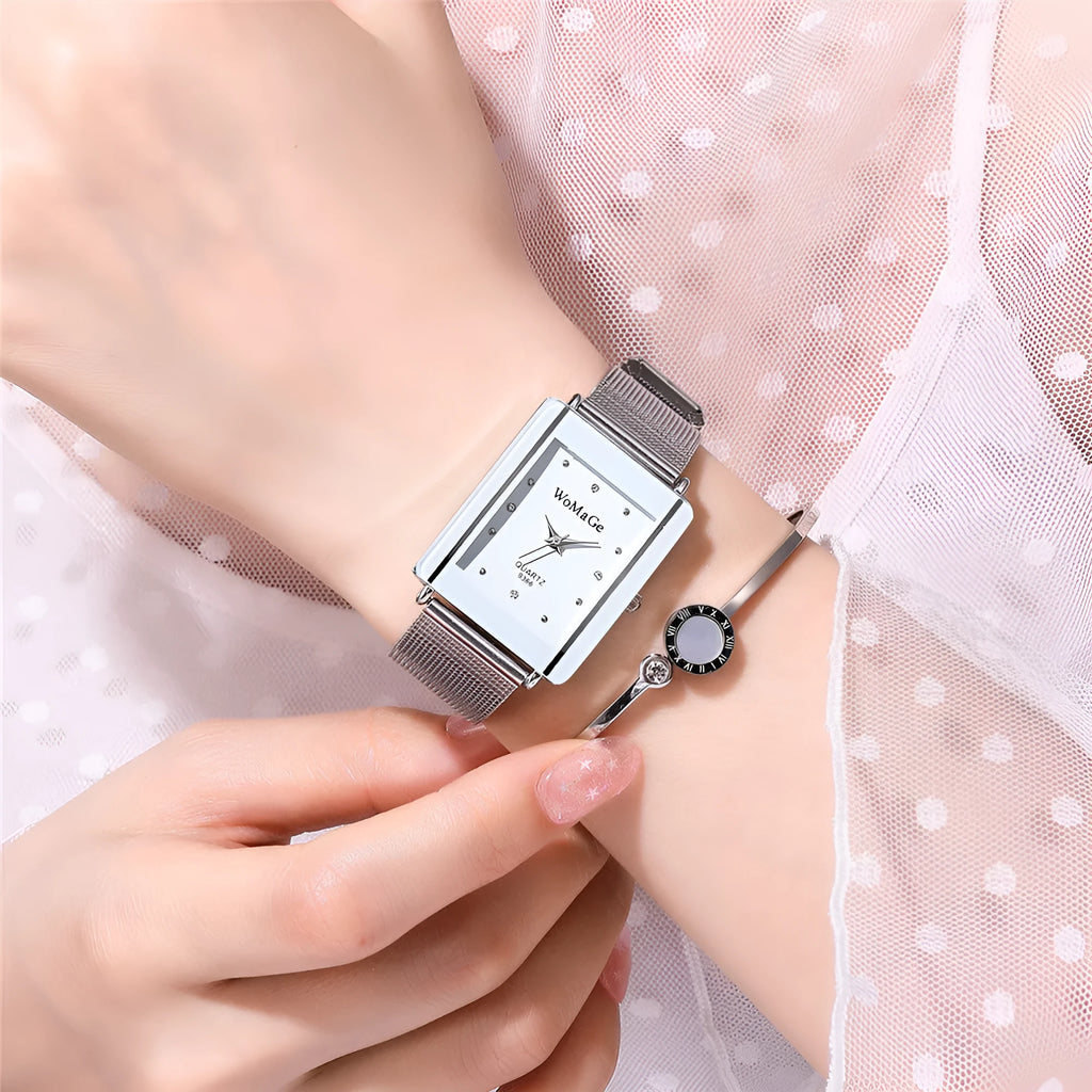 Rectangular dial couple watch set in black and white with slim 9mm case