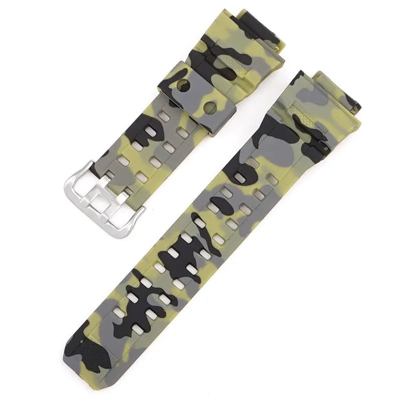 Camouflage patterned TPU resin watch strap with silver buckle on a grey background