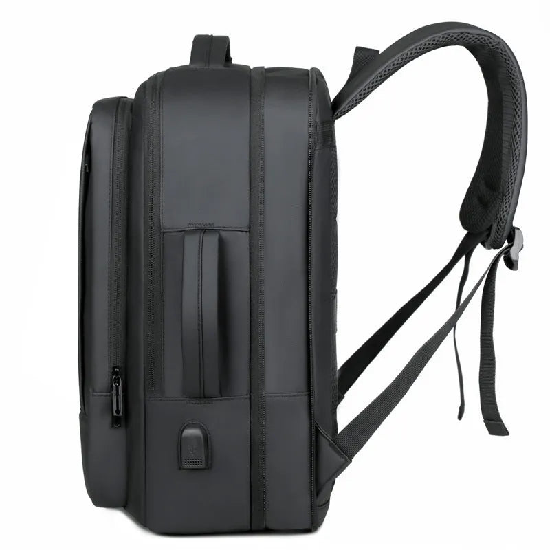 Black waterproof Oxford cloth backpack with curved shoulder strap and business styling