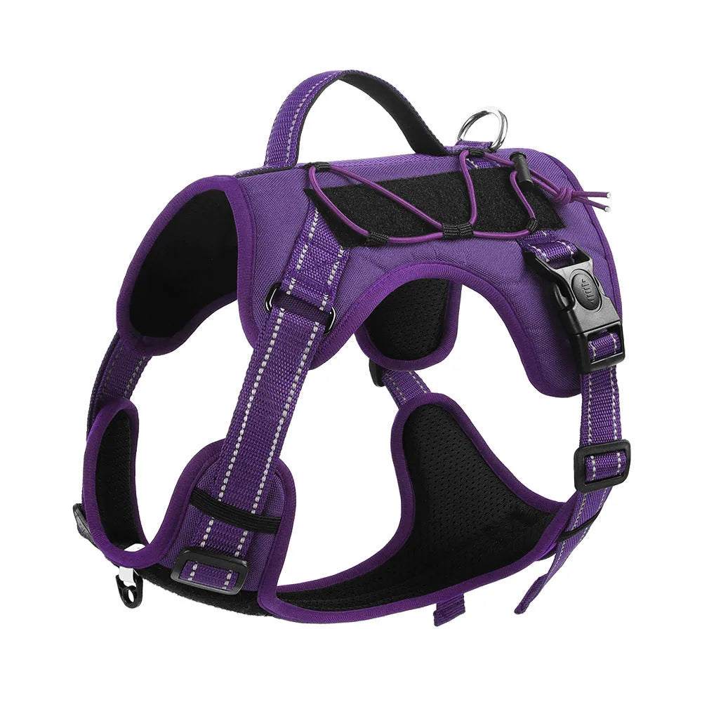 Reflective explosion-proof dog harness with attached hand-holding rope in orange colour, showing adjustable straps and safety features