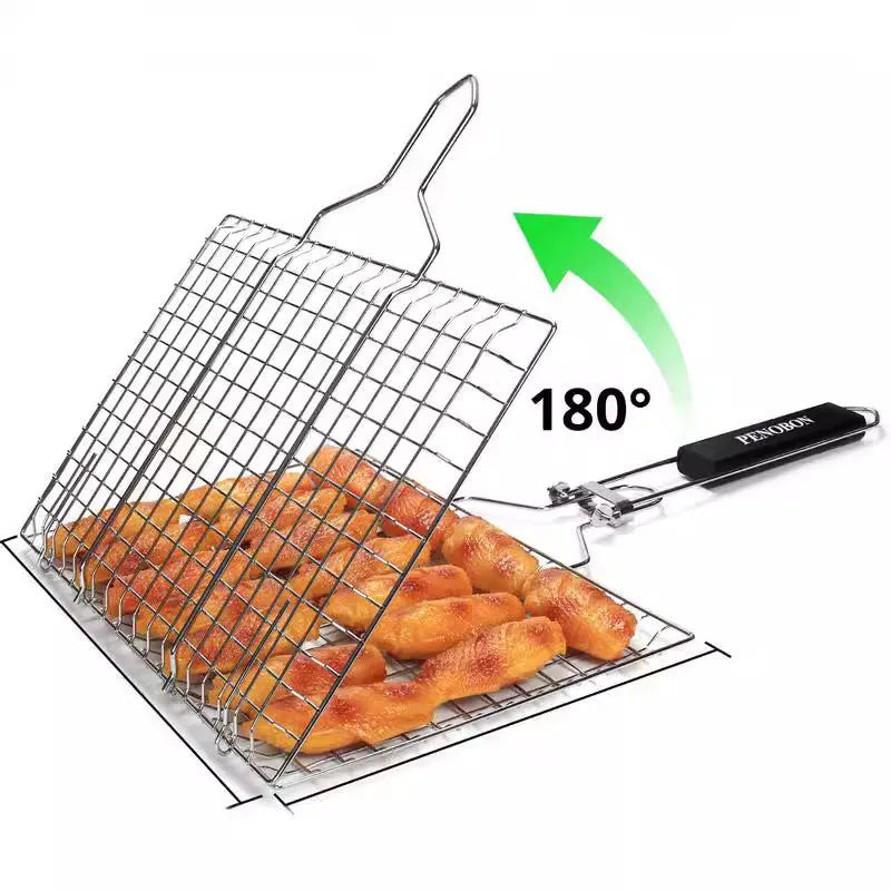 Square folding stainless steel wire barbecue grill mesh basket with a cleaning brush.