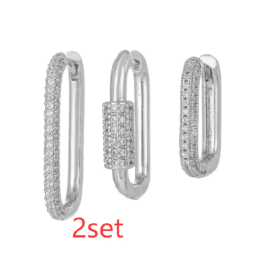 Geometric zircon ear clip three-piece set in copper with square design and European American style