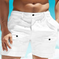Men's linen shorts with elastic waistband and button pockets in straight leg style