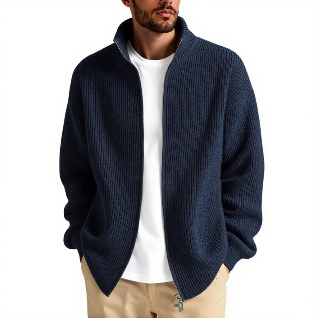Men's loose grey cardigan sweater coat on hanger showing acrylic blend fabric texture