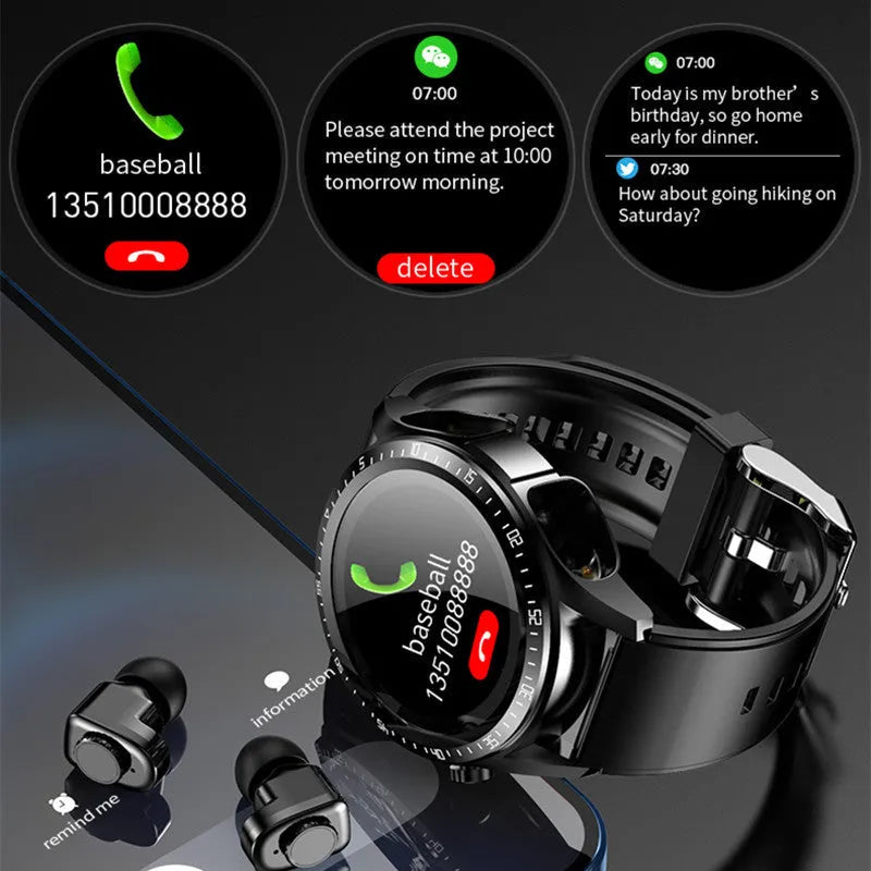 Black stainless steel round dial smart watch with heart rate monitoring and Bluetooth call feature