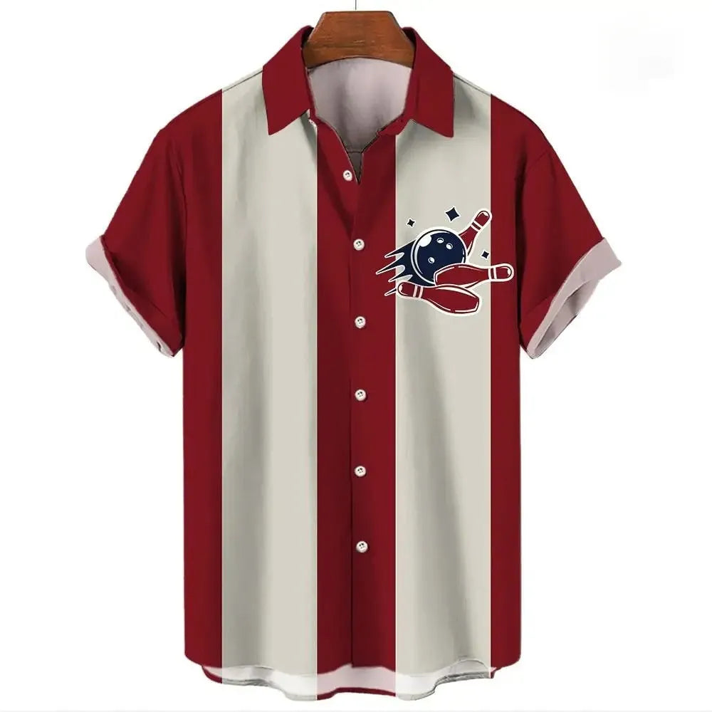 A man's striped Hawaiian short-sleeve shirt in polyester, shown in one of the available colours.