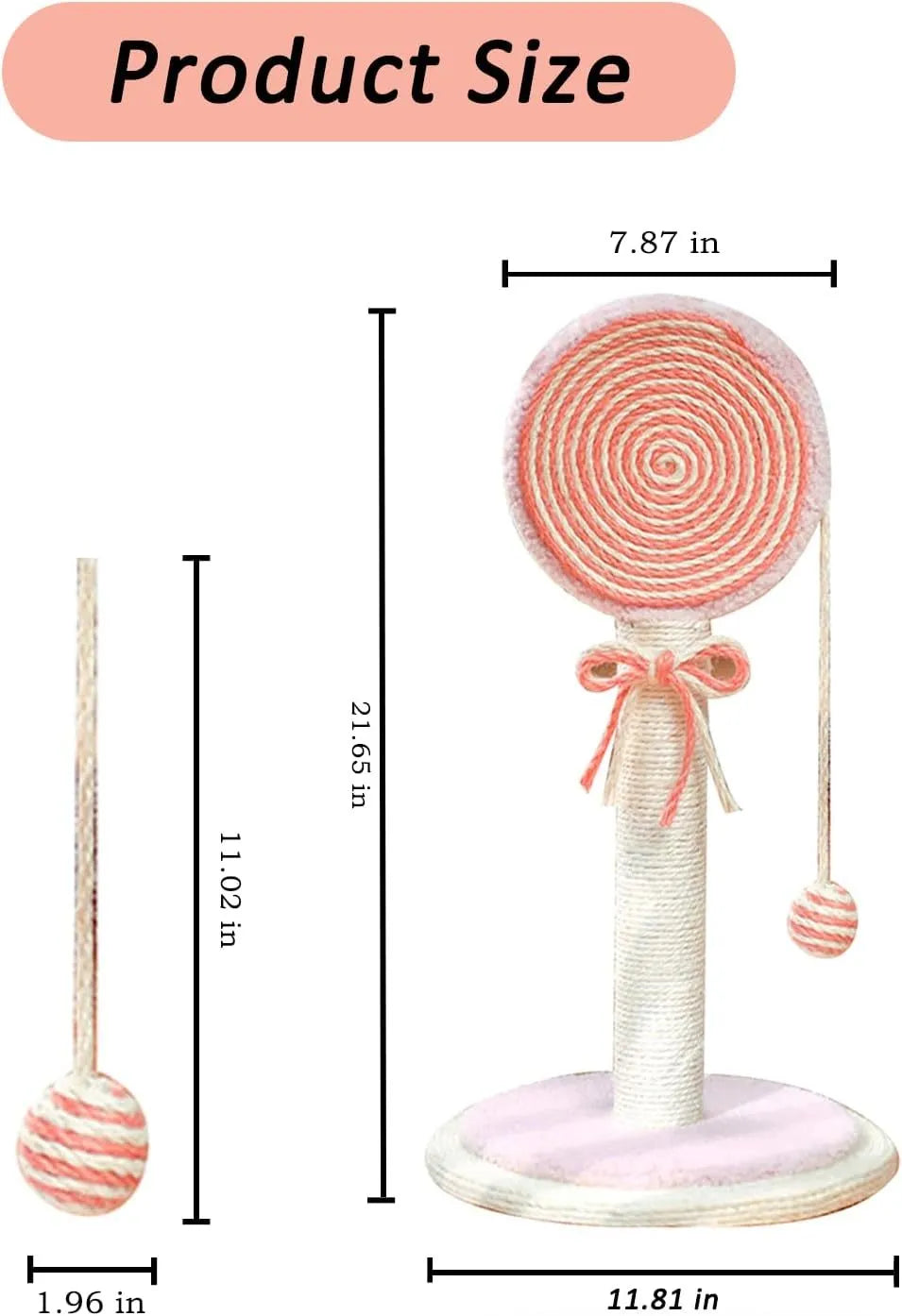 Blue cat scratching post with natural sisal rope, hanging ball, and wide heavy-duty base.