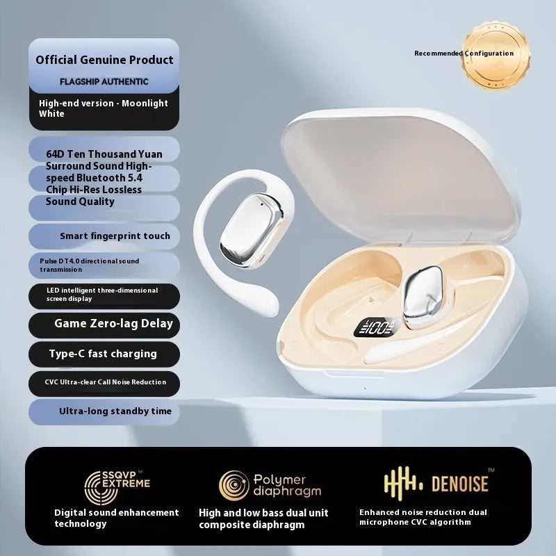 Ear-mounted wireless headphones with digital display screen in black colour