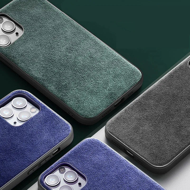 Suede full-cover iPhone back case shown in dark blue, dark night green, and elegant black colours.
