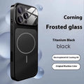 Black tempered glass iPhone case with magnetic ring on a wooden table.