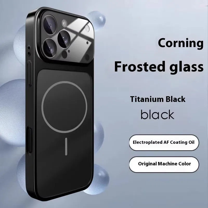 Black tempered glass iPhone case with magnetic ring on a wooden table.