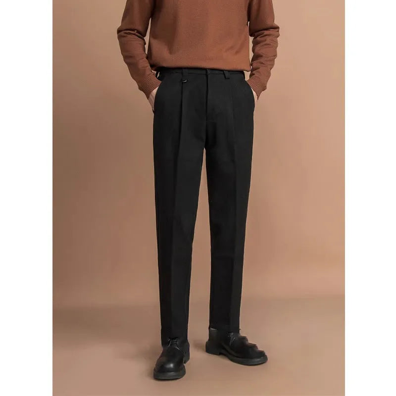 Man wearing straight-leg black polyester suit pants for business casual attire