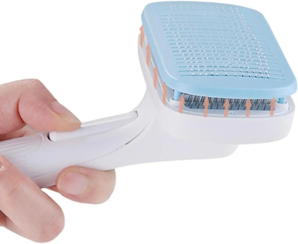 Automatic pet hair removal comb in blue, grey, green, or pink colours for dogs and cats