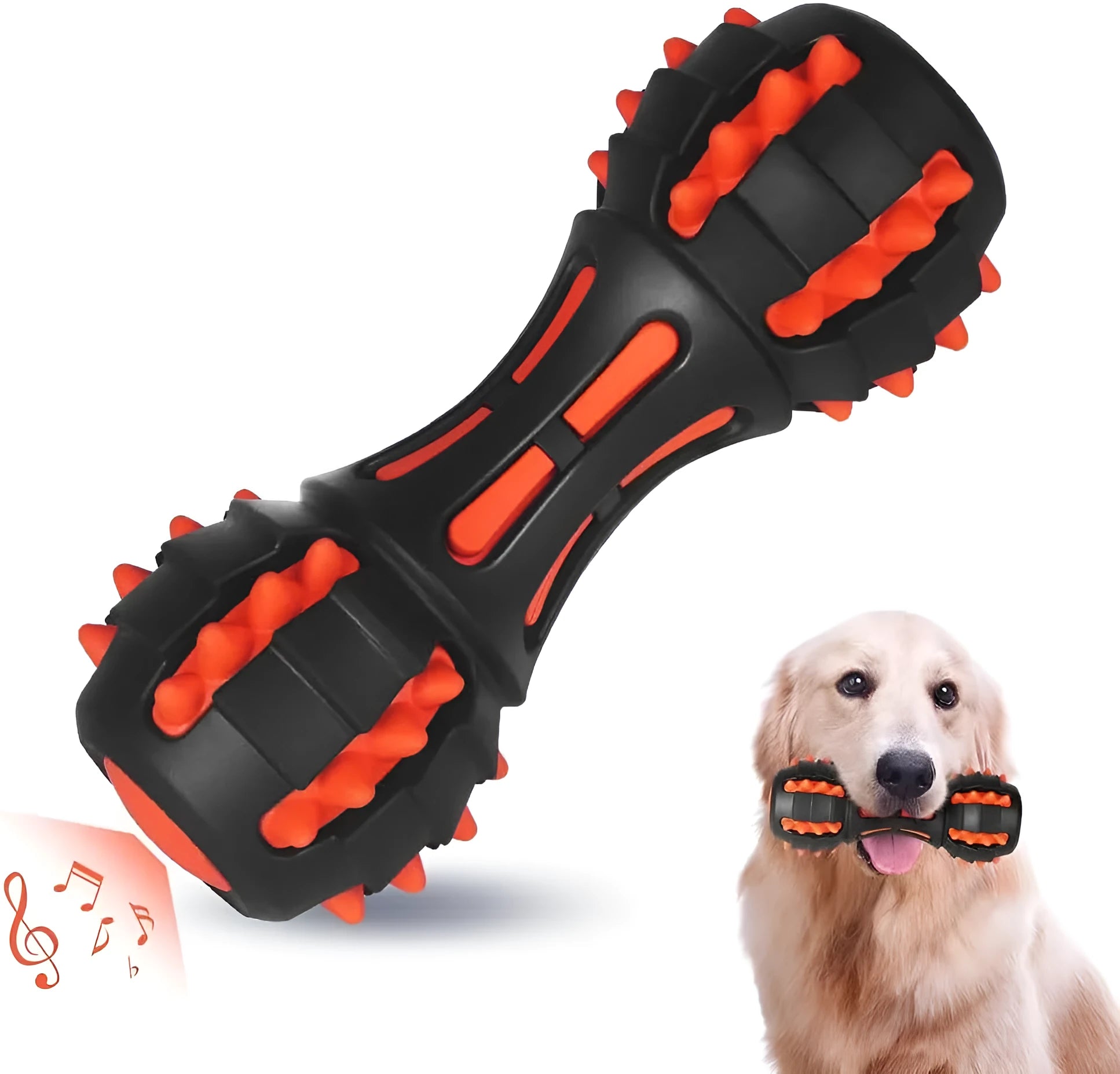 Red dumbbell-shaped dog chew toy with natural rubber construction for aggressive chewers