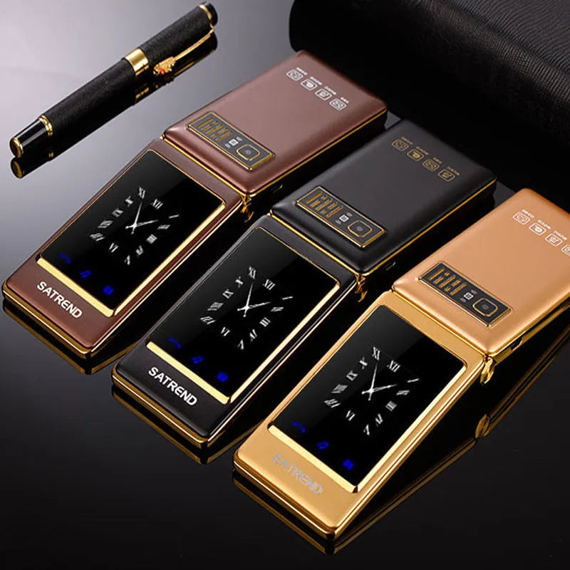 Black dual screen flip mobile phone showing both internal touch screen and smaller external display.