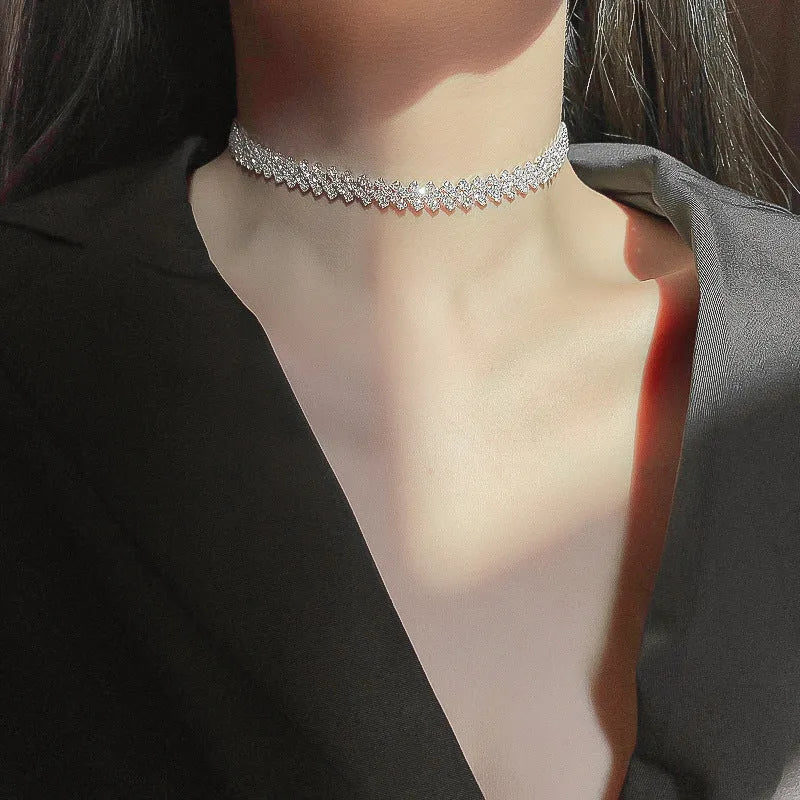 Full rhinestone necklace clavicle chain silver geometric diamond processing alloy women