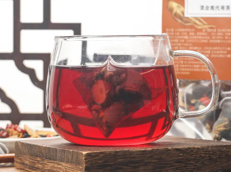 Box of Ginseng Mulberry Black Wolfberry Tea showing 40 individual 5g sachets totaling 200g.