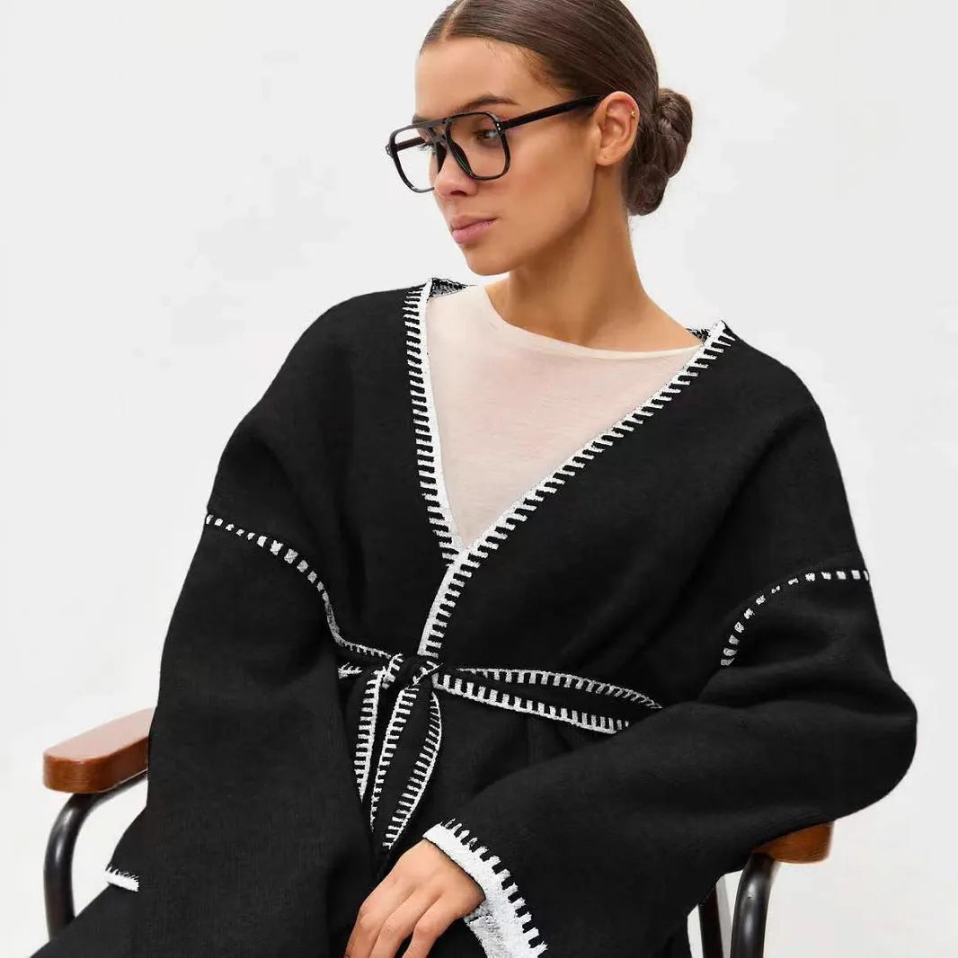 Loose lace-up knitted cardigan sweater coat in white, black, or camel colour with 50cm normal length
